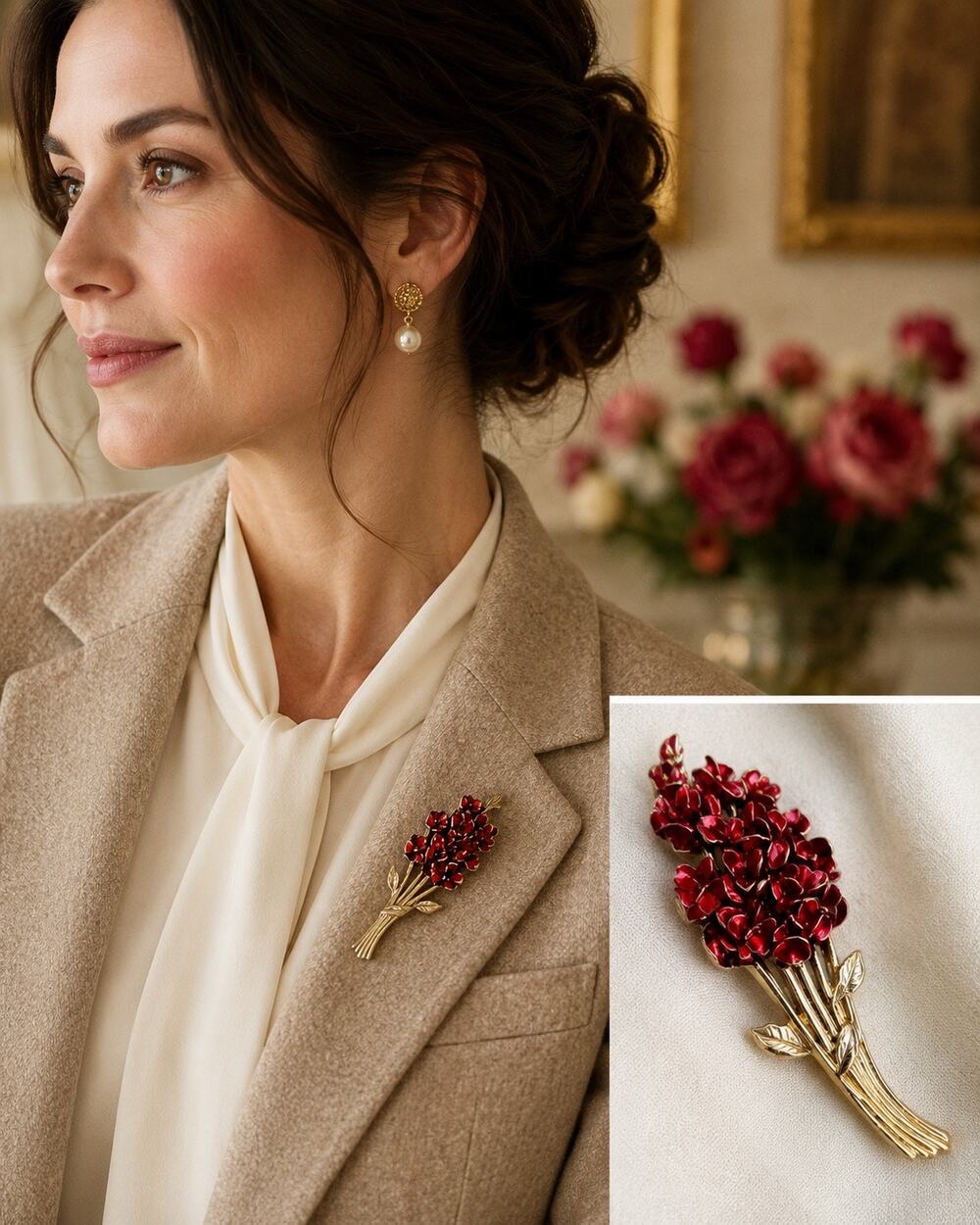Vintage Floral Bouquet Brooch Pin | Gold Tone | Romantic Cottagecore Accent